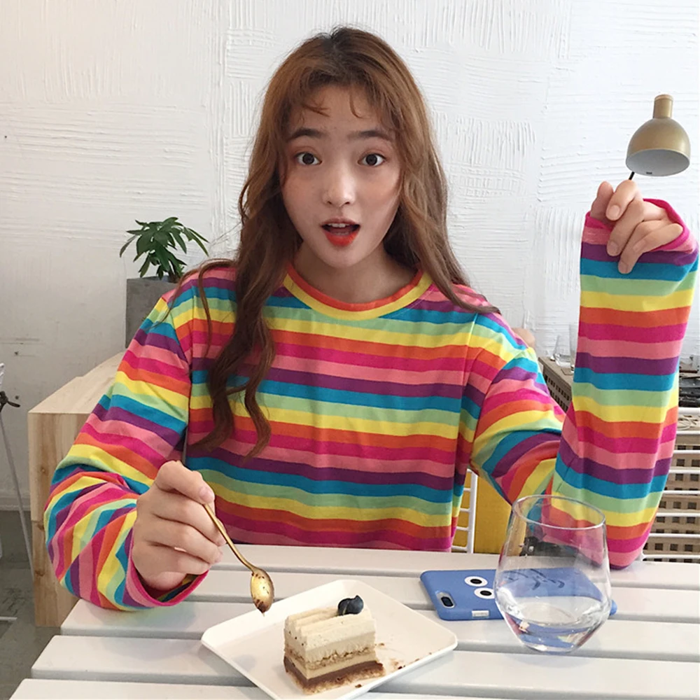 Harajuku New Women Casual Rainbow Stripe T Shirt For Girls Autumn Female Shirt Long Sleeved