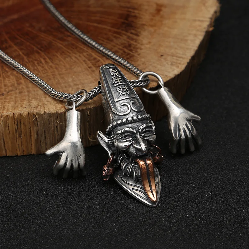 

925 Sterling Silver Jewelry Exaggerated Retro Thai Silver Necklace Pendant Personality Male Black White Impermanence Pendant