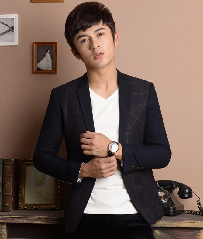 New 2014 Spring font b Men b font Fashion Plaid Suit Male Korean Brand font b