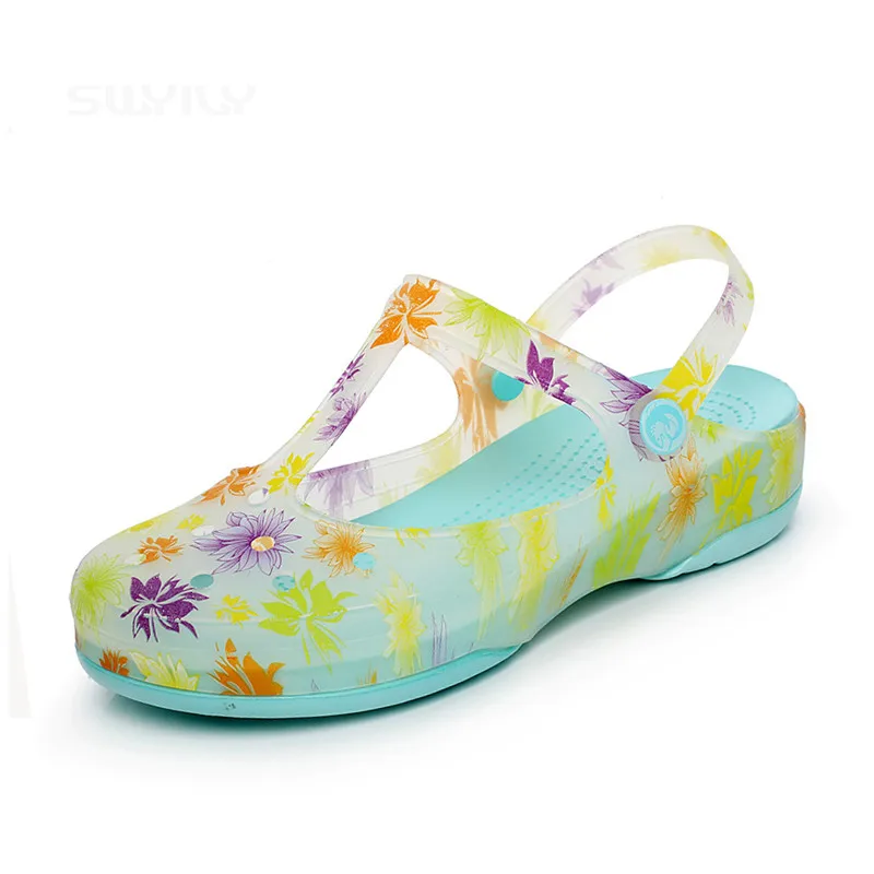 

Summer Gradient Color Clogs For Women Hole Shoes Thick Soles Jelly Sandals Beach Garden Shoes Floral Print Slippers