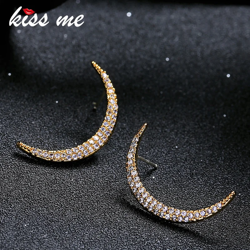 

KISS ME 2018 Gold Color Copper Moon Stud Earrings Chic Fashion Clear Zircon Wedding Earrings Women Luxury Jewelry