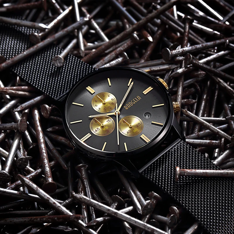 Prix pour BAOGELA Chronographe hommes de quartz-montre en acier inoxydable maille bande or montres Mince hommes montres Multi-fonction sport Wristwatche Prix pour BAOGELA Chronographe hommes de quartz-montre en acier inoxydable maille bande or montres Mince hommes montres Multi-fonction sport Wristwatche