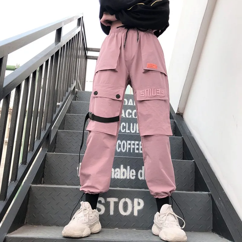 

Fashion Pink Long Pants Women Streetwear Joggers Embroidery Cargo Pants Big Pocket Trousers High Waist Loose Sweatpants