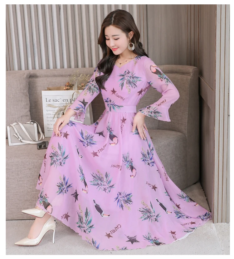 High quality Autumn New Arrival Plus Size S-XXXL Fashion V Collar Flare Sleeve Flower Printed Woman Long Chiffon Dress - Color: Lavender