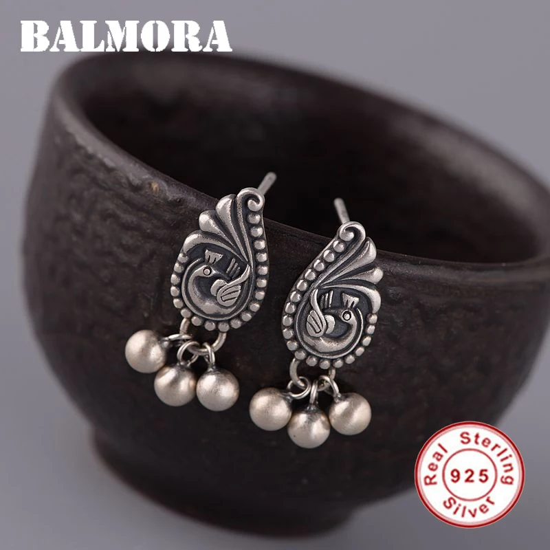 BALMORA настоящие 925 пробы серебряные серьги-гвоздики с павлином и серебряными бусинами для женщин Ретро ювелирные изделия в китайском стиле Brincos