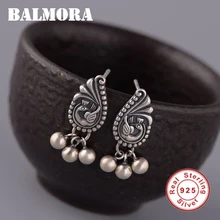 BALMORA настоящие 925 пробы серебряные серьги-гвоздики с павлином и серебряными бусинами для женщин Ретро ювелирные изделия в китайском стиле Brincos