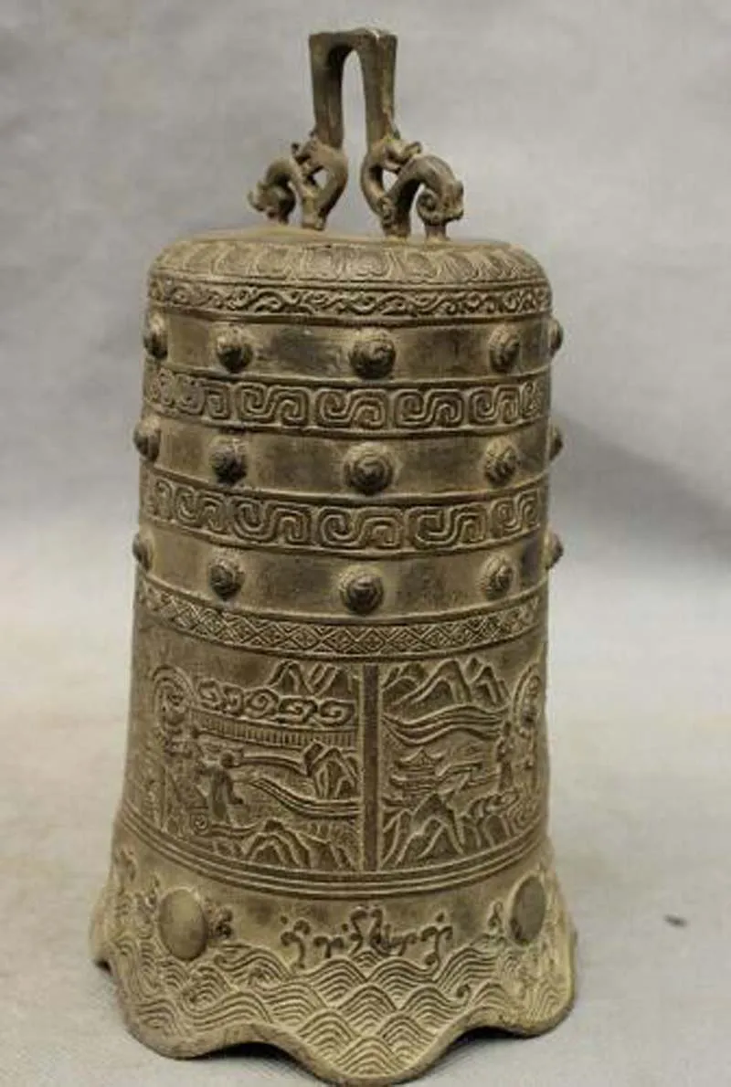9/" China Bronze Buddhism Auspicious Dragon Head Man Statue Temple Bell
