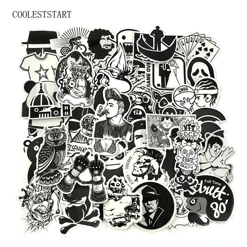

100pcs black and white mixed Sticker cartoon Stickers for laptop skateboard bicycle suitcase pvc Rock Design DIY Accessory