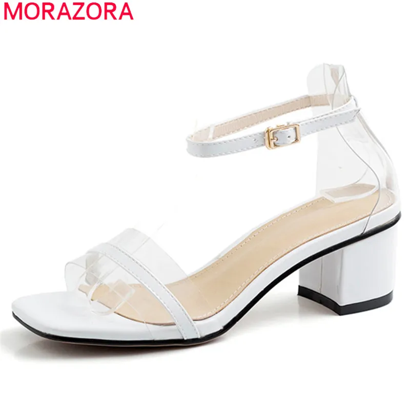 

MORAZORA 2019 new fashion style women sandals pvc buckle summer shoes simple square heels dress party wedding shoes ladies