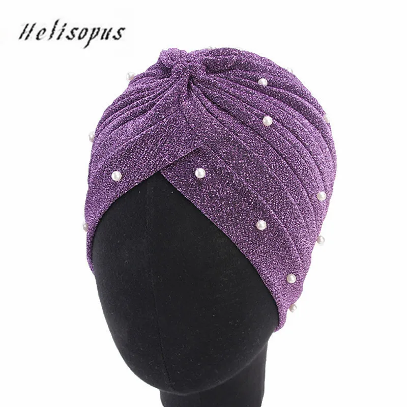 

Helisopus 2019 Fashion Women Muslim Shiny Pearls Beaded Mesh Headwrap Hair Lose Turban Headwear Cap for Women Hair Accessories