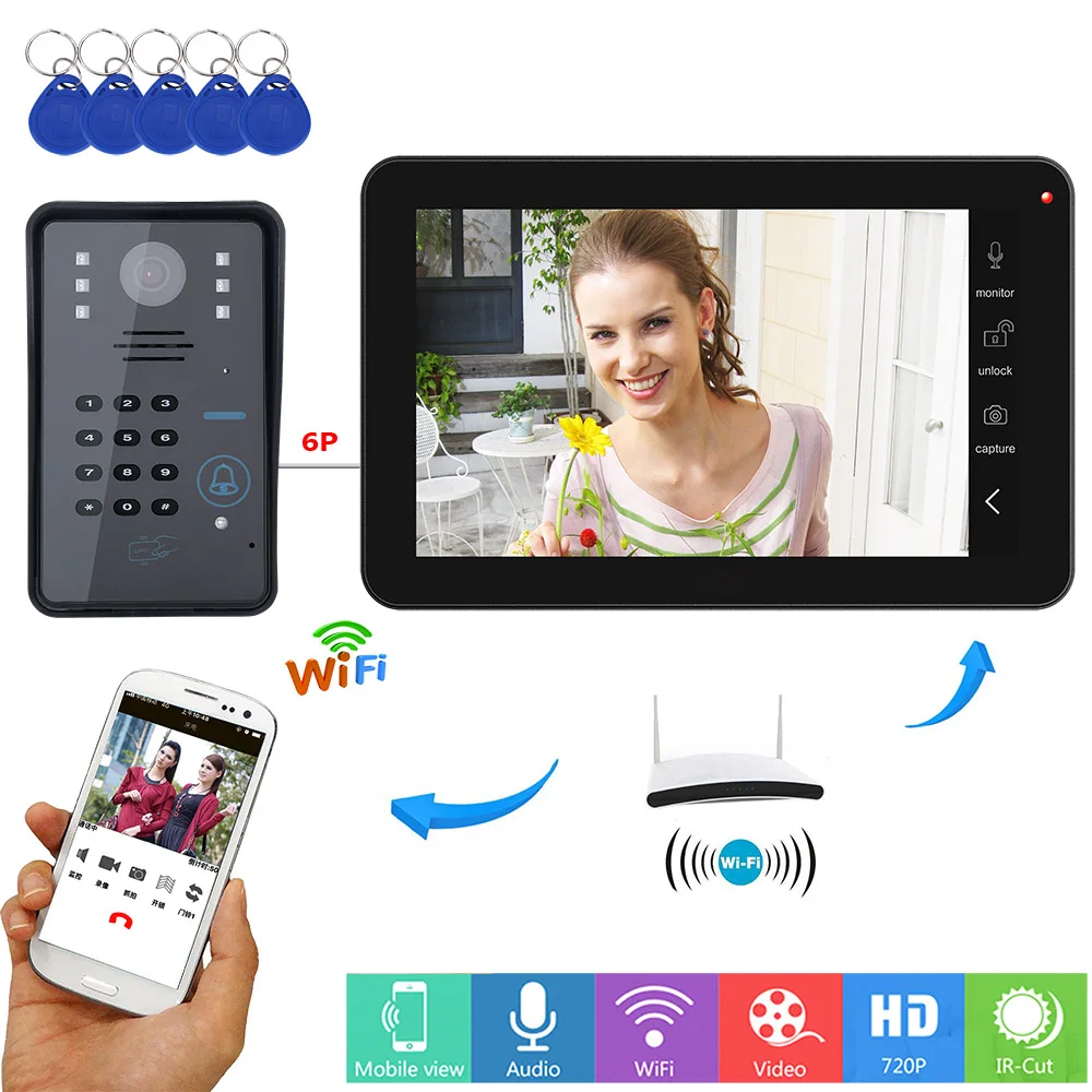 Senha de Vídeo Entrada com Ir-cut Novo Polegada Remoto Desbloquear Wifi Rfid Porta Telefone Campainha Intercom Sistema Câmera 1000tvl 9 App 2 intercom sistema entrada com IR-CUT câmera 1000tvl