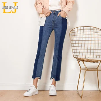

LEIJIJEANS New Autumn High Street Side Panelled Blue Plus Size XL High Waist Denim Ankle Length Slim Straight Jeans Women 7064