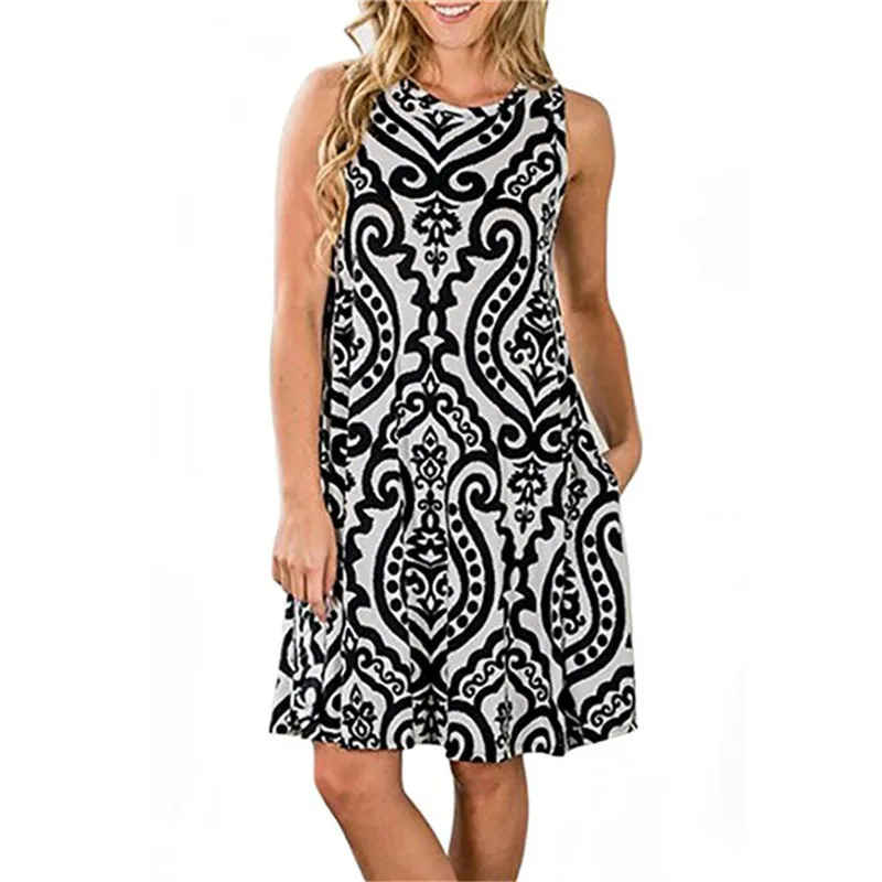 

Women Dresses A-line Sleeveless Pockets Mini Beach Dresses Plus Size O-neck 2019 New Summer Printed Dress Casual Sundress