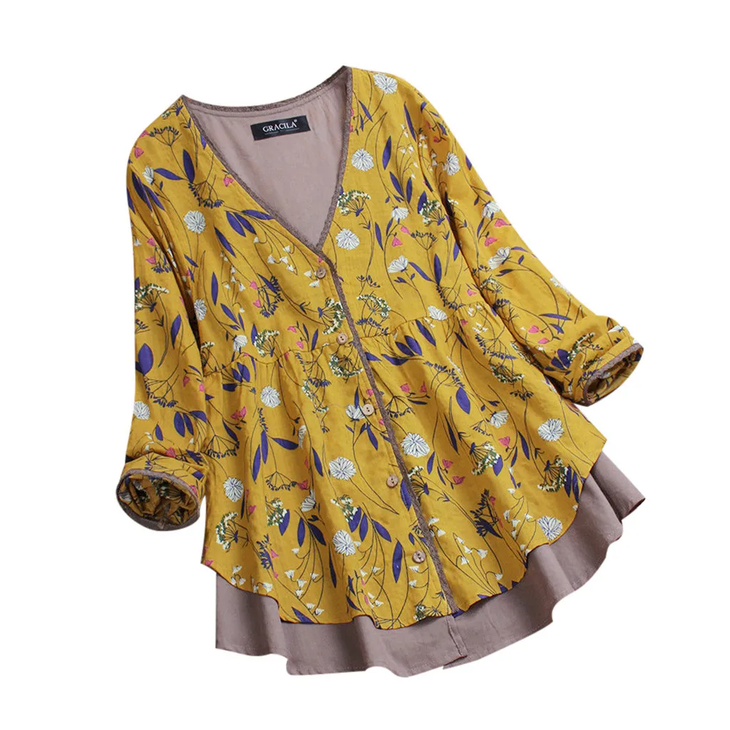 Модная женская блузка, Женская многослойная винтажная блузка с цветочным принтом, комбинированная блузка, легкие топы, блузка, блузки Lange Mouwen - Цвет: Yellow