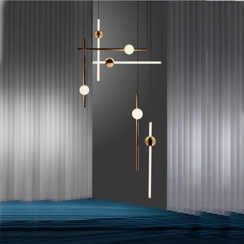 

Minimalist Line Art LED Horizontal Version Pendant Lights Metal Glow Ball For Bar Cafe Tea Shop Engineering Stairs Restaurant