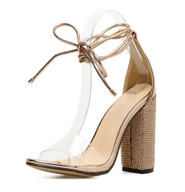 

Sexy Crystal Cross Straps High Heel Sandals Fashion Golden Square Heels Shoes Summer Open Toe Party Sandal Free Shipping