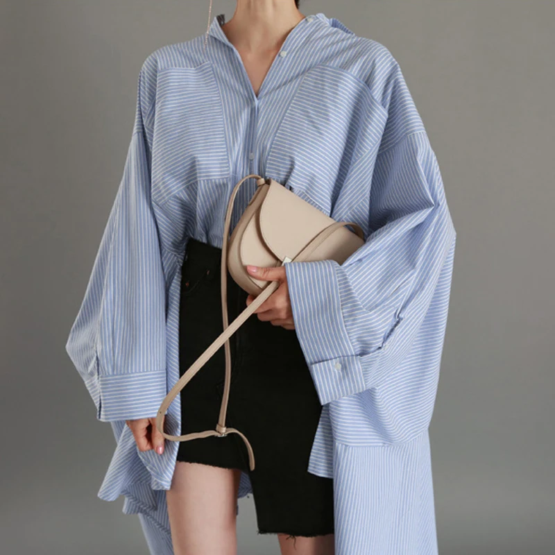

[EWQ] 2019 Spring Autumn Blouse Women New Pattern Long Sleeve Lapel Striped Patchwork Loose Large Casual Shirt Femals AF361