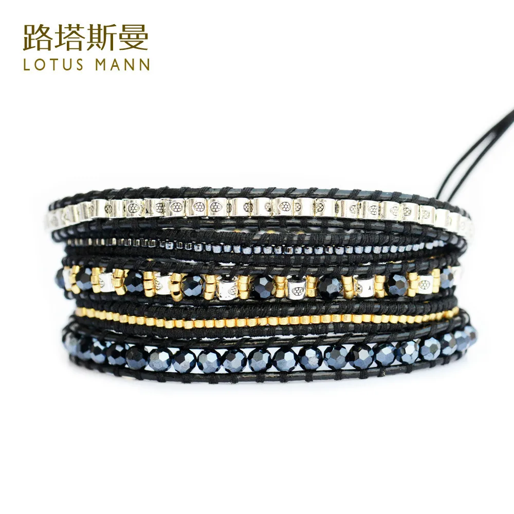 

Lotus Mann Five laps black multielement crystal and metal braided leather cord winding the bracelet Men and women
