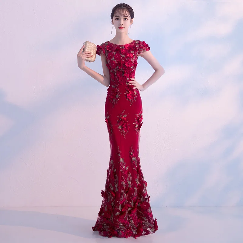 Темно красное женское платье для невесты вечеринки Cheongsam Восточное элегантное
