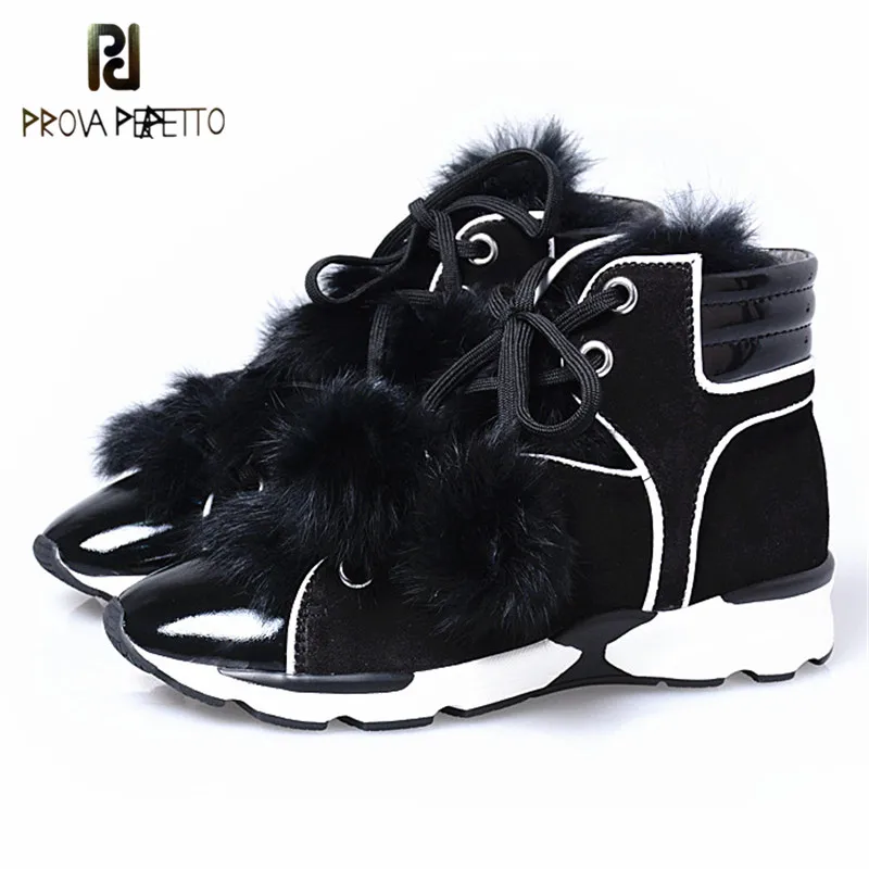 

Prova Perfetto Luxury Genuine Leather With Bunny Fur Warm Ankle Boots Pointed Toe Leisure Patchwork Lace Up Woman Short Boots
