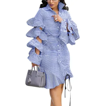 

S-3XL Ruffle Long Sleeve Sexy Blouse Shirt Dress Women Notched Button Irregular Autumn Fashion Striped Dress EL5288