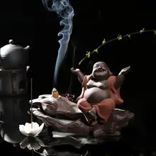 Китайский Будда обратного потока благовоний горелка винтажная имитация дерева керамическая благовония горелка Творческий Смеющийся Будда украшения дома