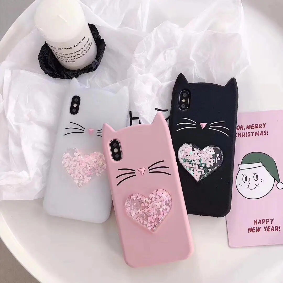 

3D cartoon Smile Black Cat Ears Beard Glitter Liquid Quicksand Soft Silicone phone Case Cover For iPhone X/5/5S/SE/6/6s/7/8/Plus