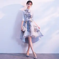 2019 летние традиционный, для китаянок платье шелковый атлас qipao Топ cheongsam кружевные короткие китайское платье-Ципао с рукавами платья