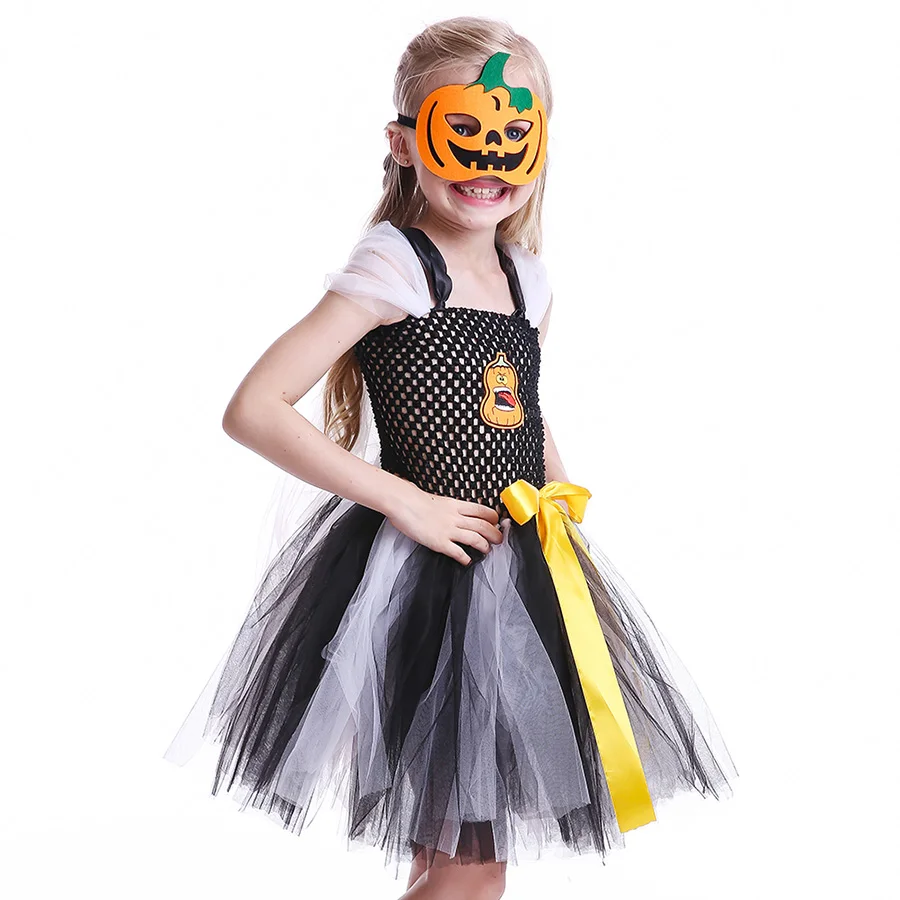 Kids Halloween TUTU Dress Girls Black White Tulle Costume with Pumpkin Mask (8)