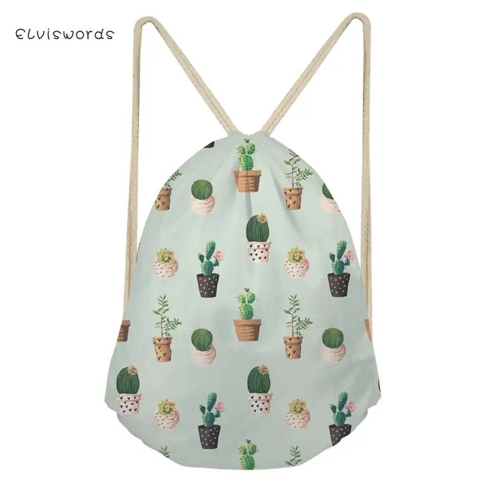 

ELVISWORDS Small Women Drawstring Backpack Cactus Printed Travel Female Bag School Girls boys Satchel Casual Shopping Beach Bags