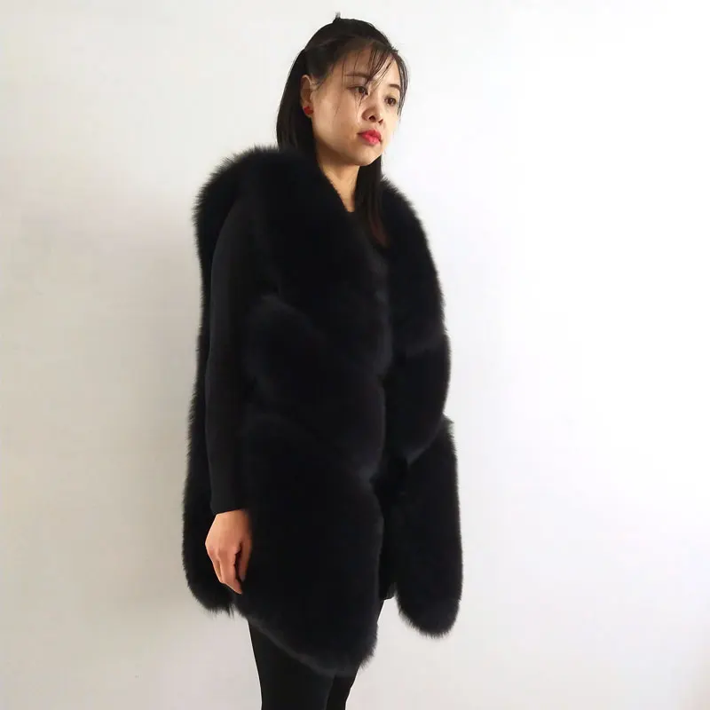 Натуральный Лисий кожаный жилет женские теплые Весна и осень зима новое пальто QD. YISHANG - Цвет: Черный