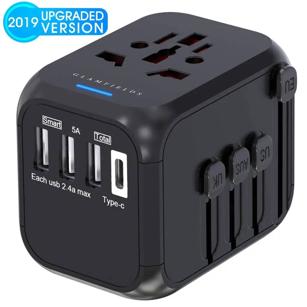 

Travel Adapter International Universal Auto Resetting Fuse baby safe design 5A 3 USB + 1typc c Worldwide Wall Charger