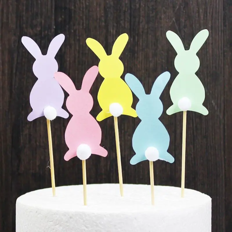 

5Pcs Happy Easter Sweet Candy Color Cake Picks Rabbit Bunny Shape White Pompom Ball Tail Cupcake Toppers Birthday Party Decor