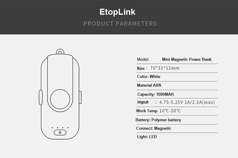 Мини Магнитный адаптер EtopLink с зарядным устройством на 1000 мАч, портативная беспроводная зарядка для Micro USB type C, опционально