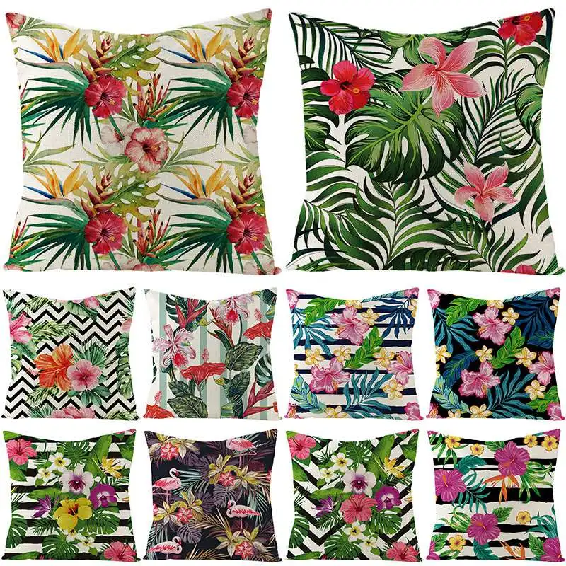 Tropical Plants Pillow Cover Green Leaves Cushion Covers Hibiscus