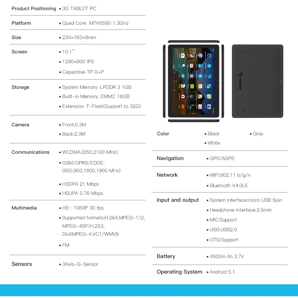 Yuntab 10,1 дюйма K107 Android5.1 планшет 1 ГБ-16 ГБ 4 ядра Сенсорный экран с двойной Камера разблокирована Dual Sim карты слоты
