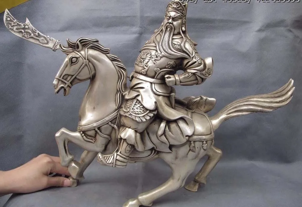 

free shipping China Folk White Copper Silver Ride Horse Dragon GuanGong Guan Yu Warrior Statue