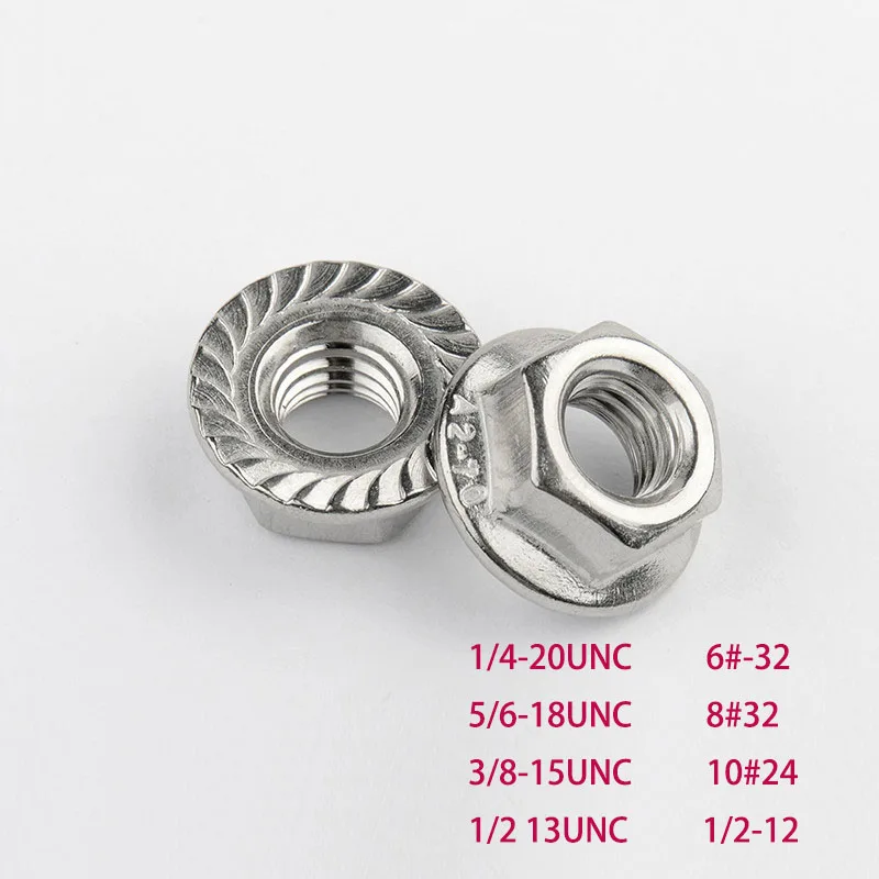 

Metric thread 1/4-20UNC 5/16-18UNC 3/8-15UNC 1/2-13UNC American Standard Stainless Steel Hex Flange Nuts