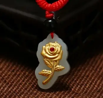 

3D gold inlay and jade rose pendant h147#