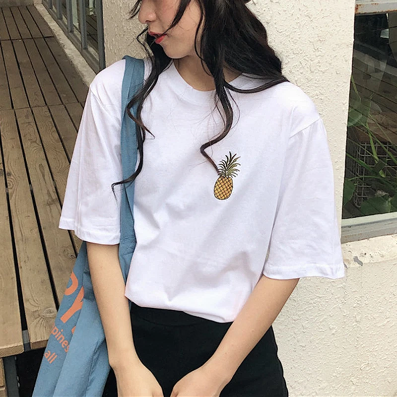 

6 Color Pineapple Embroidery T Shirt Women Fashion Loose Simple White Harajuku Kawaii Tee Shirt Femme Cotton Korean Tshirt Femme