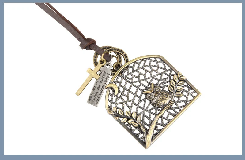 NIUYITID Vintage Bird Cage Owl Necklace & Pendant Men Long Leather Rope Neckless Creative Beautiful Jewelry Cadena Hombre (15)