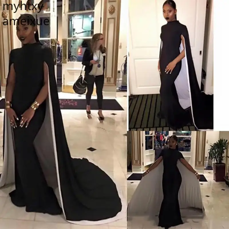 

Elegant Arabic Black Robe Mermaid Mermaid Evening Dresses With Long Cape New 2019 Modest High Neck Trumpet Prom Party Gowns