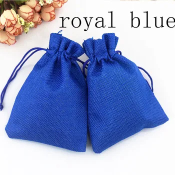 

Hot sale 100 pcs/lot Royal blue Jute Bag Cute Drawstring Gift Bag Wedding Use Sachet Storage Charms Jewelry Packaging Linen Bags