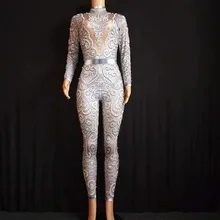 2019 Sparkly Crystals Jumpsuit Women Sexy Nude Leggings Bodysuit Costume Dance Stage Wear Female Singer Costume Stretch Outfit yellow tiger pattern printed sexy jumpsuit skinny leggings rompers nigthclub singer dancer performance stage show nude costume
