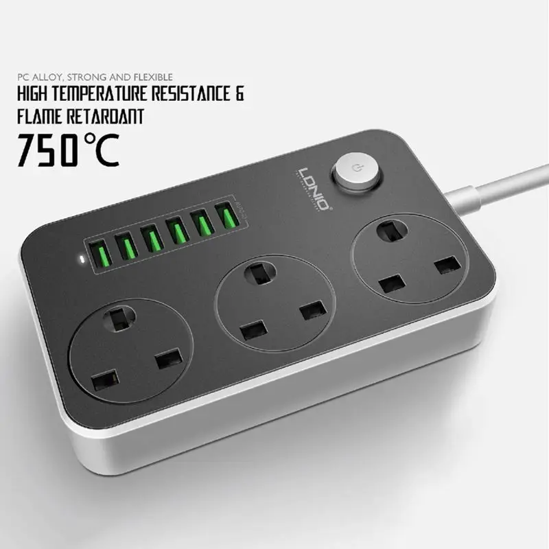 

Power Strips 3 Way Outlets 6 USB Ports Surge Protection Universal UK Plugs Socket Bold Extension Cord -hol