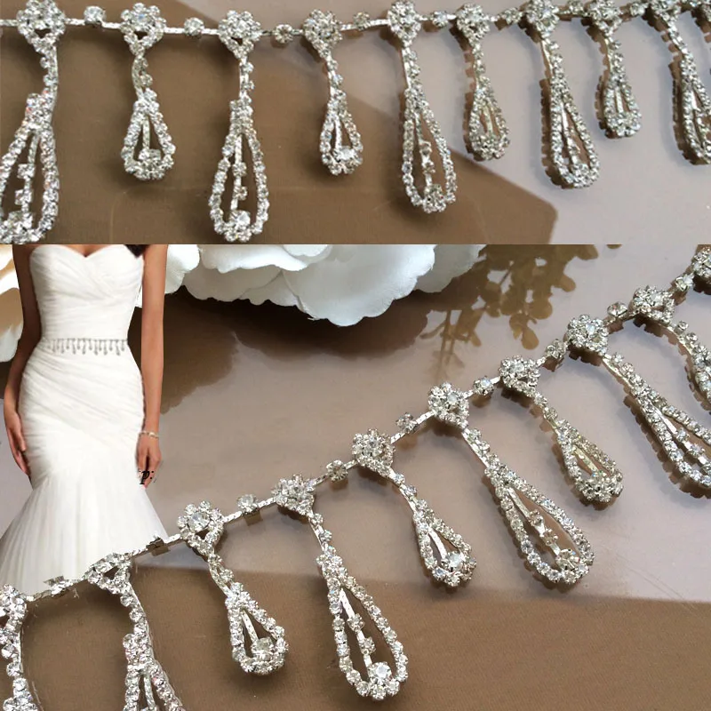 

1yard/lot Brilliant White Crystal Applique Rhinestone Trims with Fringe