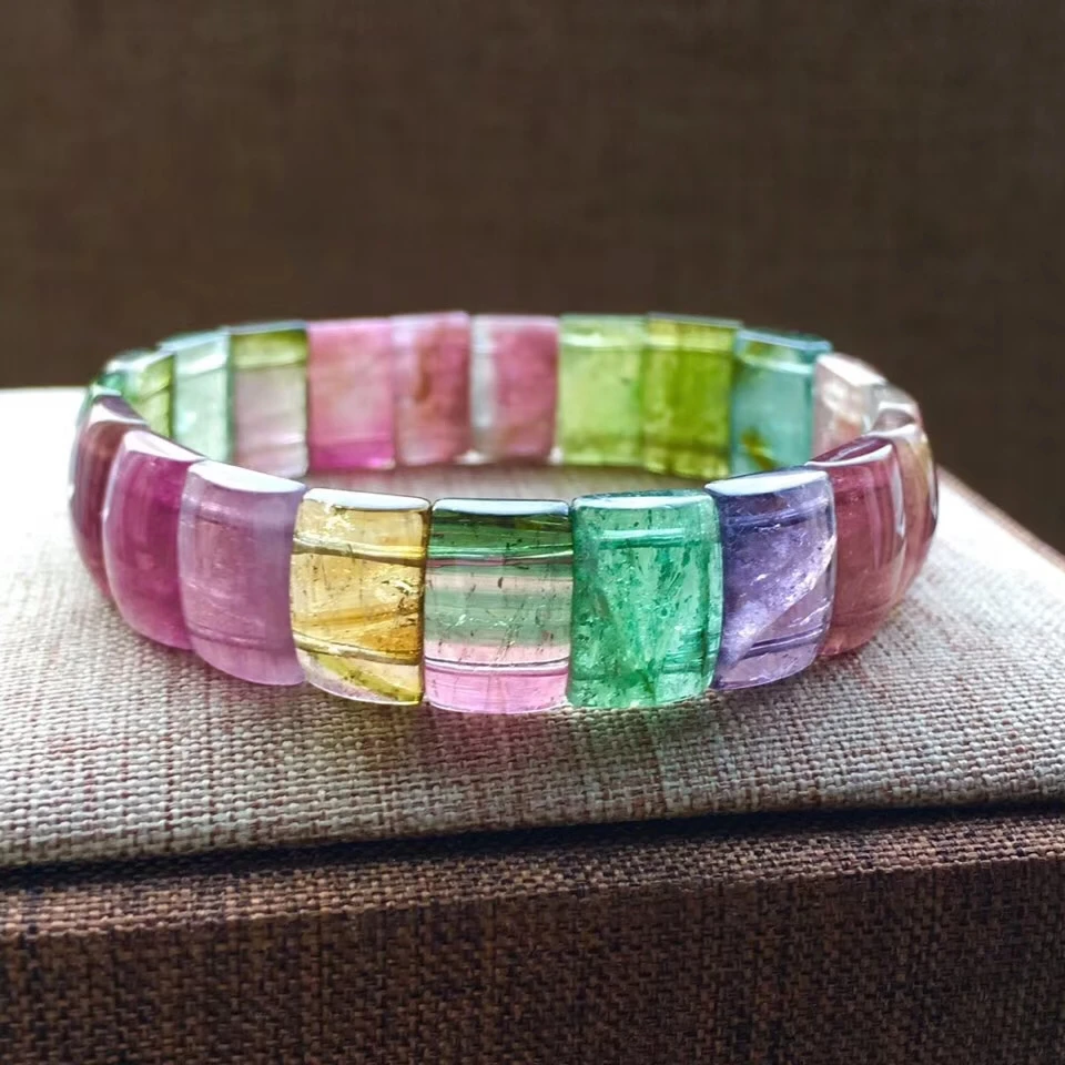 

Top Quality Natural Rainbow Tourmaline Colorful Bangle Bracelet 12x10mm Women Men Crystal Rectangle Beads Fashion Bangle AAAAA