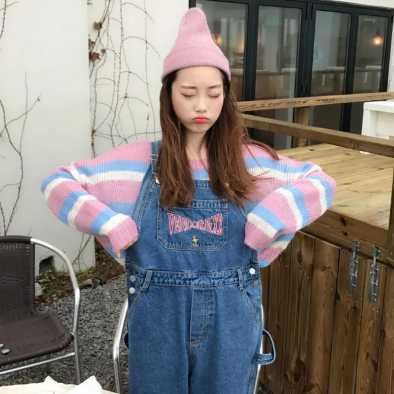 

2018 New Autumn and Winter Jumpsuit Female Harajuku Style Embroidery Denim Rompers Loose Retro Letter Embroidery Denim Jumpsuit
