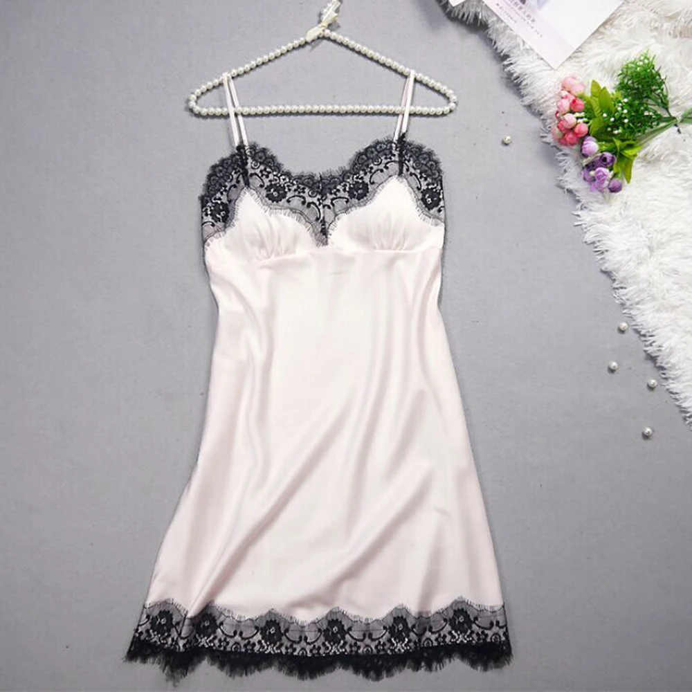 

Women Sexy Silk Satin Eyelash Lace Sleepwear Babydoll Lingerie Nightdress Pajamas Set Fashion Silk Lingerie Sleepwear