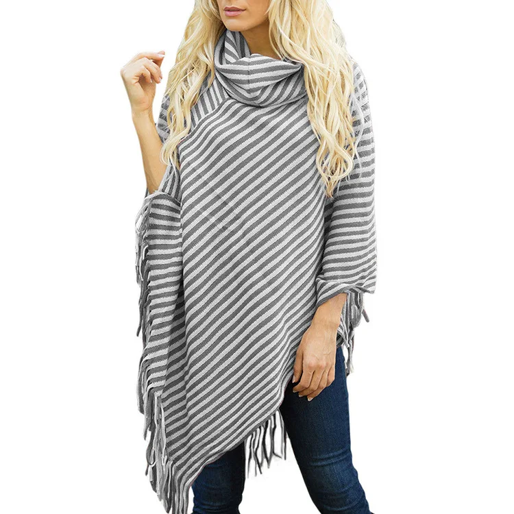 Зима полосы пончо с кисточками свитер шали Для женщин Высокая Шея Теплый Вязание Рождественский подарок пиджаки обертывания - Цвет: Grey